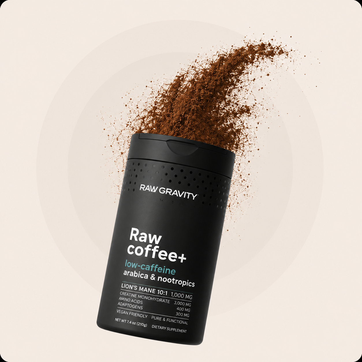 Raw Coffee+ product with coffee splash